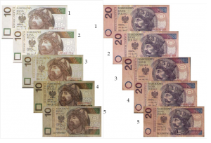 Rysunki 1 i 2 prezentują banknoty nadające się do obiegu, banknot 3 jest „granicznym” nadający się do obiegu, 4 i 5 nie nadają się do obiegu, źródło NBP